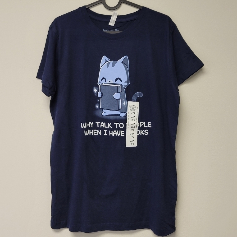 Teeturtle cat Why talk to people when I have books graphic t-shirt Blue 2XL
